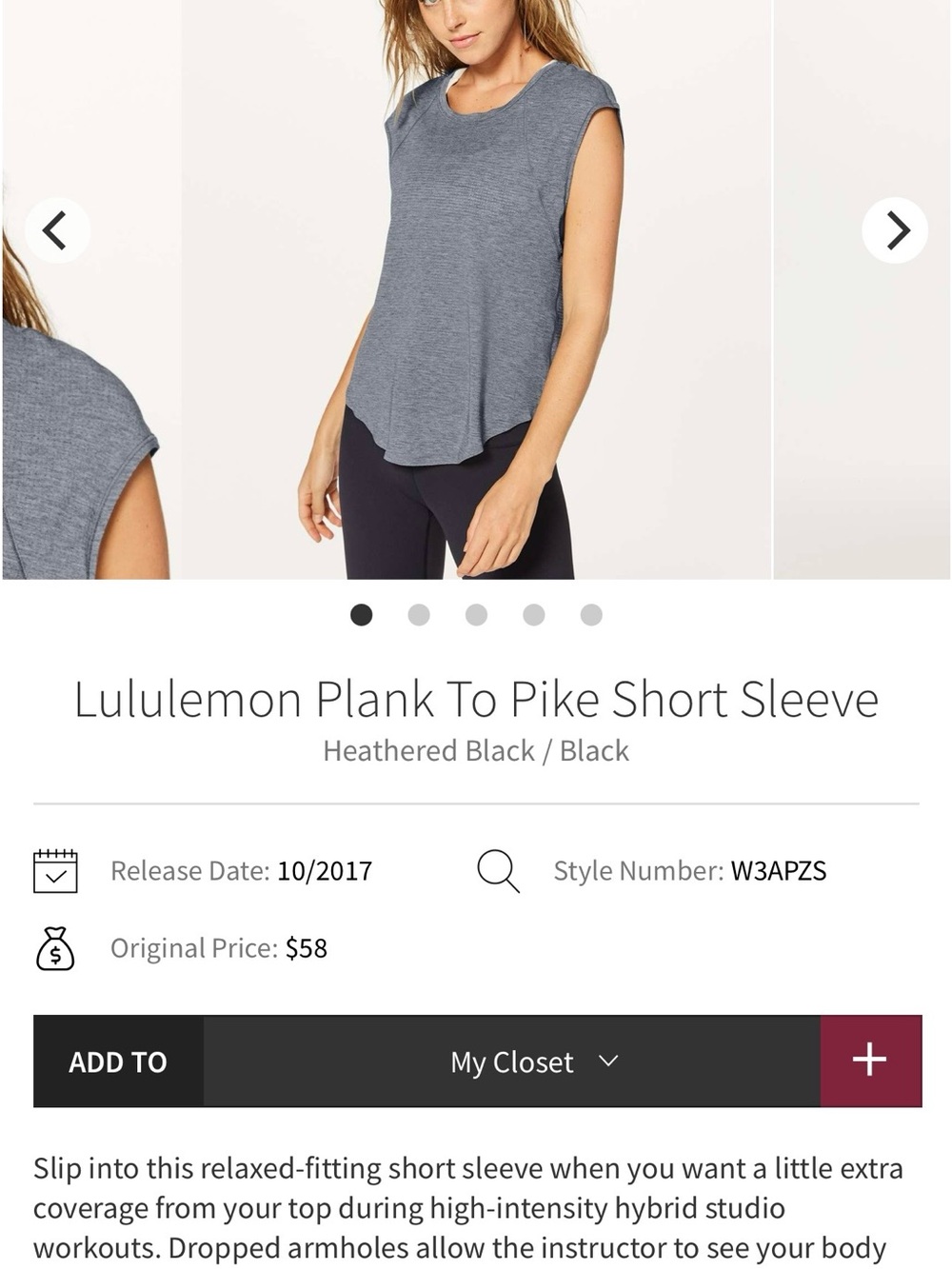 lululemon Plank To Pike Short Sleeve Top - Heathered Black - grey 10/12